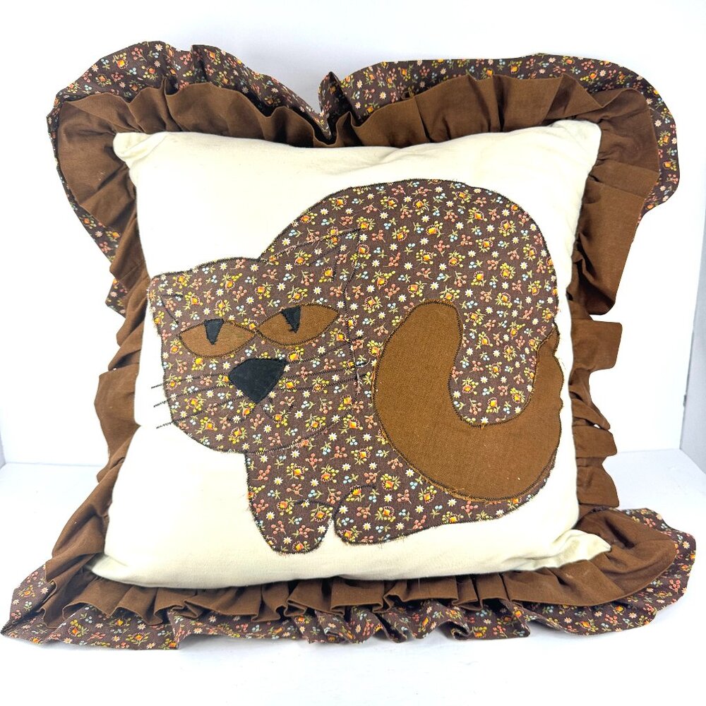 Handmade Cat Pillow Farmhouse Decor Patchwork Floral Ruffles Cottage 18x18